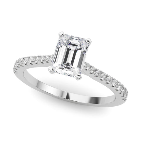 Silver Emerald Cut Solitaire Diamond Engagement Ring with Pave Band and Four-Prong Setting