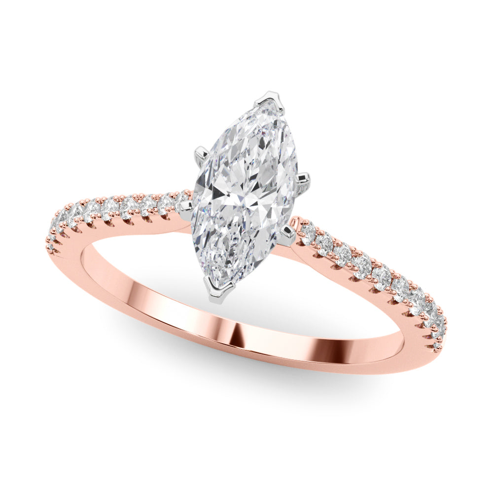 Rose gold Marquise Cut Solitaire Diamond Engagement Ring with Pave Band and Four-Prong Setting
