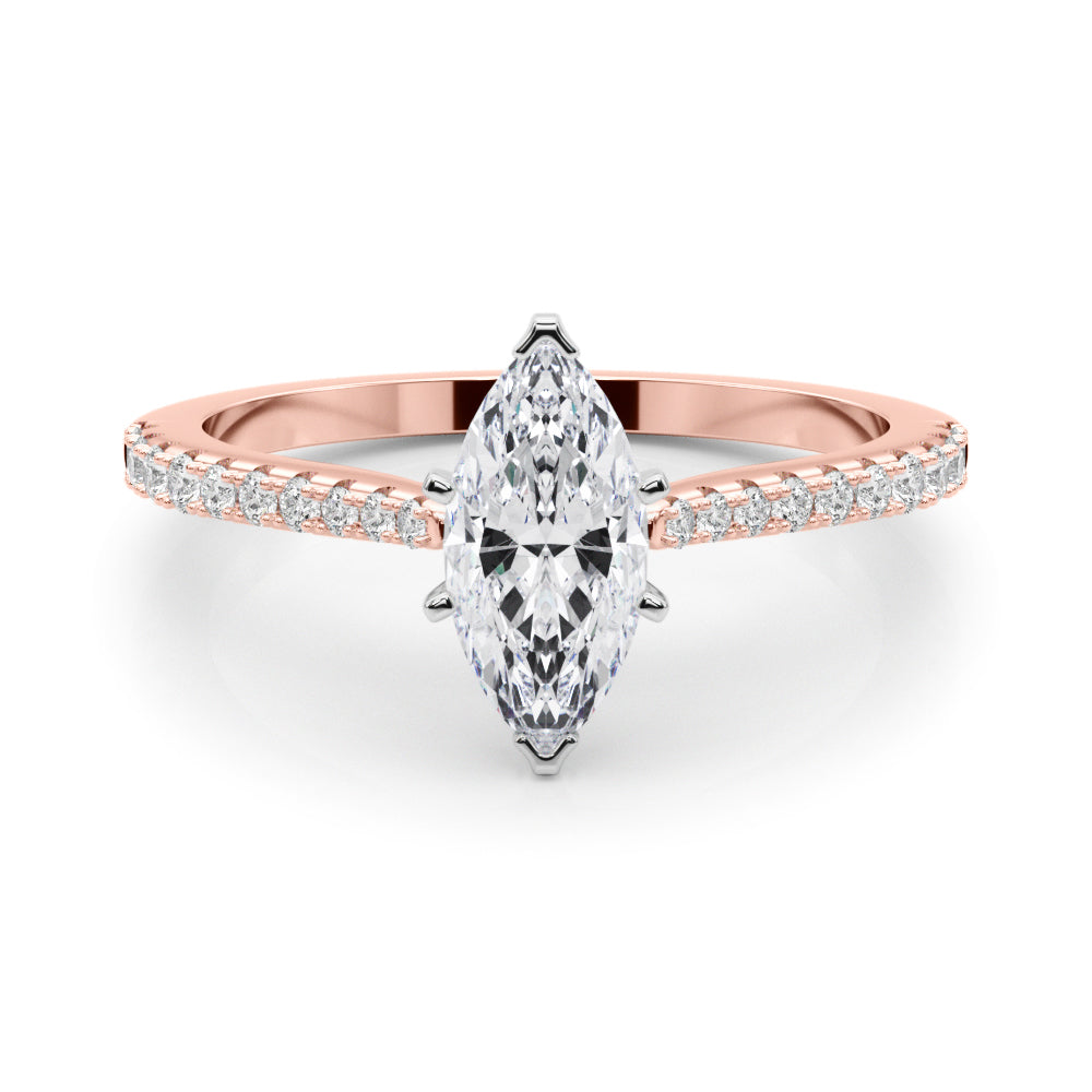 Rose gold Marquise Cut Solitaire Diamond Engagement Ring with Pave Band and Four-Prong Setting
