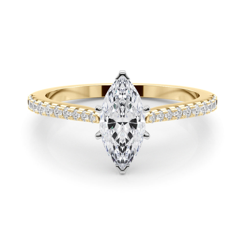 Yellow gold Marquise Cut Solitaire Diamond Engagement Ring with Pave Band and Four-Prong Setting
