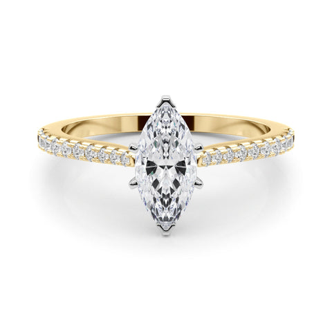 Yellow gold Marquise Cut Solitaire Diamond Engagement Ring with Pave Band and Four-Prong Setting