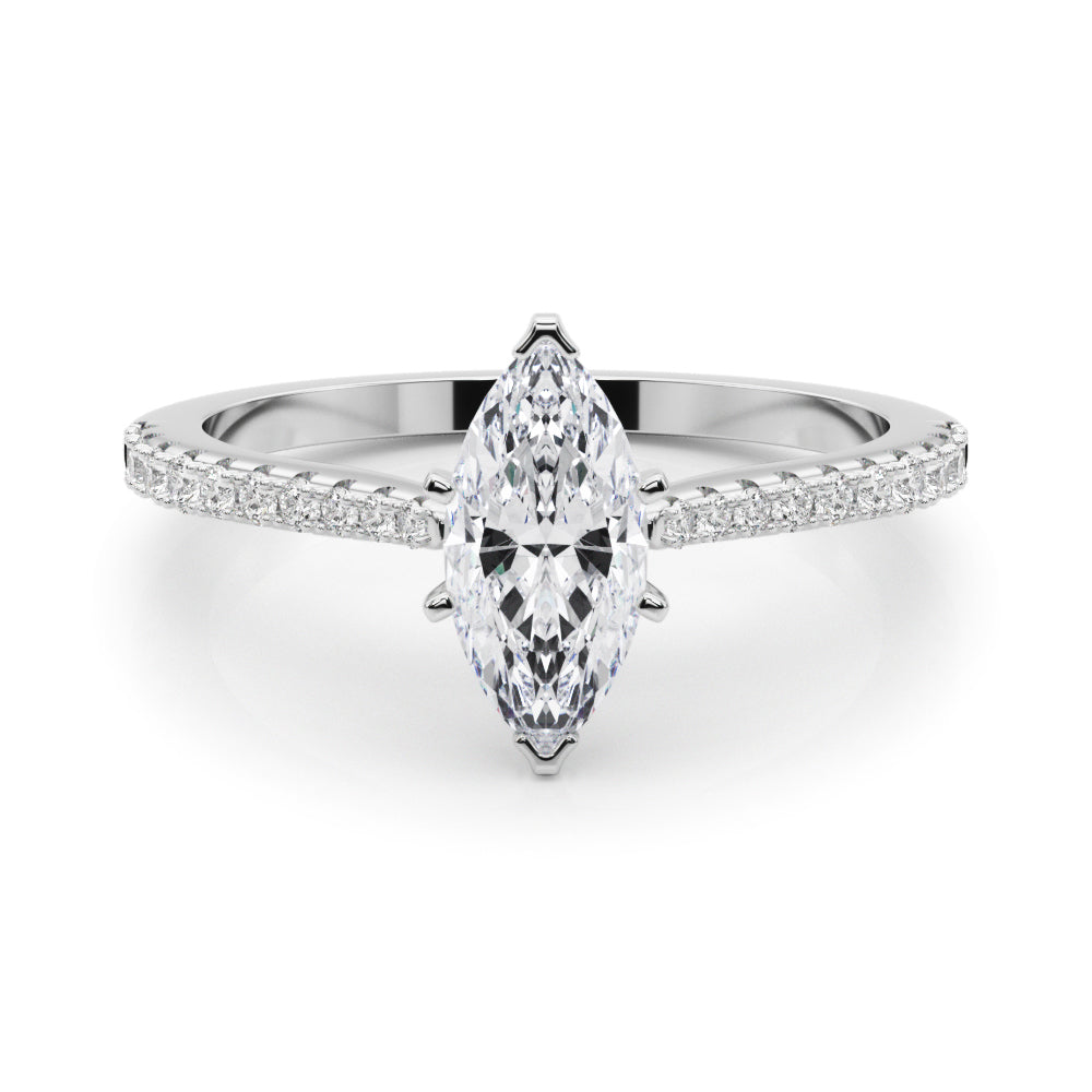 Platinum Marquise Cut Solitaire Diamond Engagement Ring with Pave Band and Four-Prong Setting