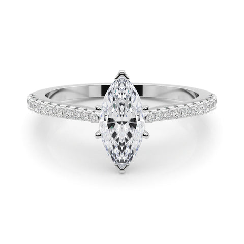 Platinum Marquise Cut Solitaire Diamond Engagement Ring with Pave Band and Four-Prong Setting