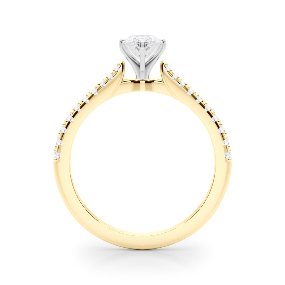 Yellow gold Marquise Cut Solitaire Diamond Engagement Ring with Pave Band and Four-Prong Setting