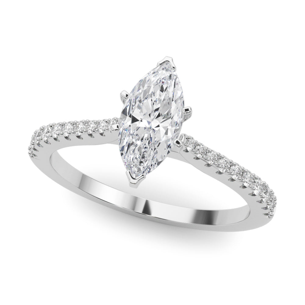 White gold Marquise Cut Solitaire Diamond Engagement Ring with Pave Band and Four-Prong Setting