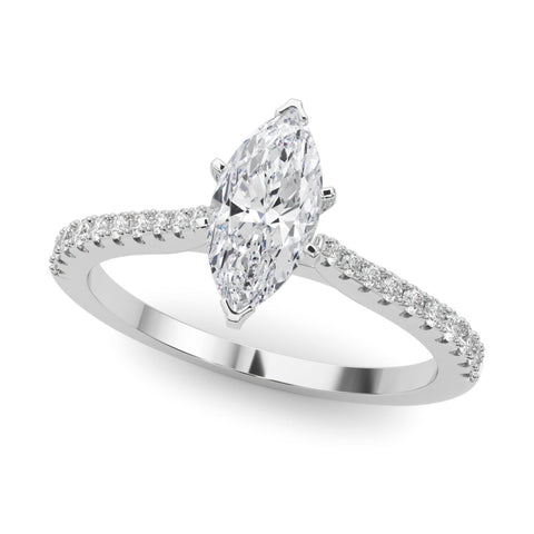 Platinum Marquise Cut Solitaire Diamond Engagement Ring with Pave Band and Four-Prong Setting