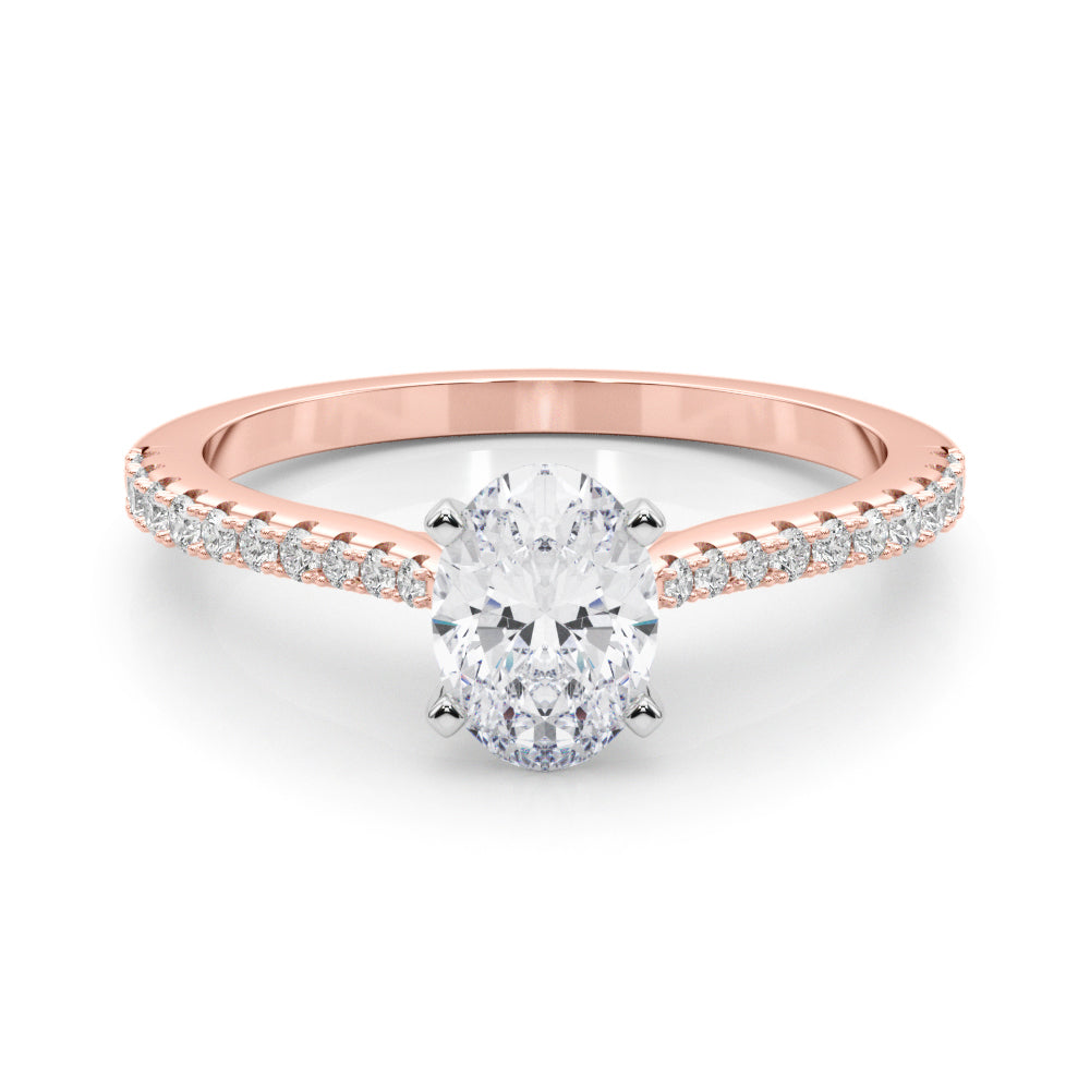Rose gold Oval Cut Solitaire Diamond Engagement Ring with Pave Band and Four-Prong Setting