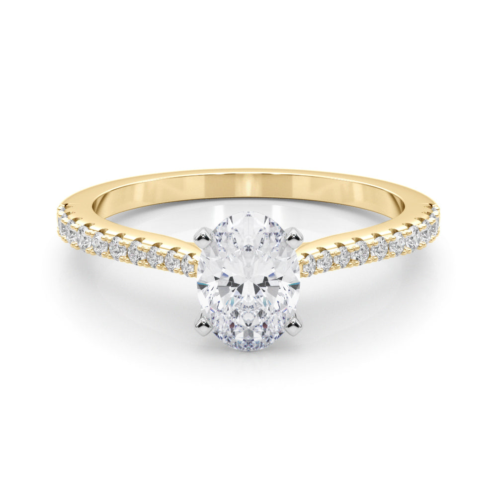 Yellow gold Oval Cut Solitaire Diamond Engagement Ring with Pave Band and Four-Prong Setting