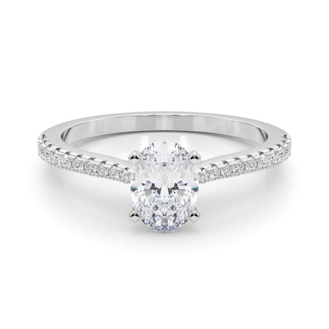 Platinum Oval Cut Solitaire Diamond Engagement Ring with Pave Band and Four-Prong Setting