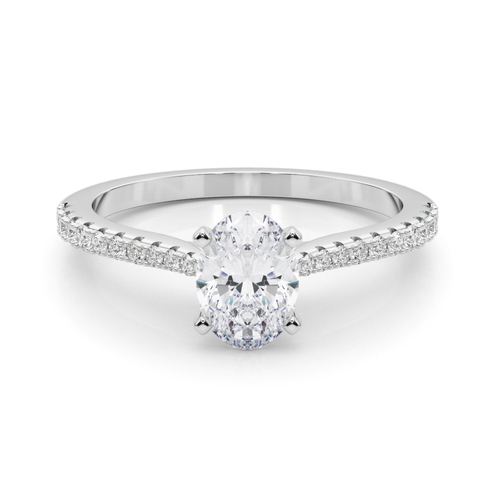 White gold Oval Cut Solitaire Diamond Engagement Ring with Pave Band and Four-Prong Setting