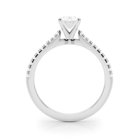 Platinum Oval Cut Solitaire Diamond Engagement Ring with Pave Band and Four-Prong Setting