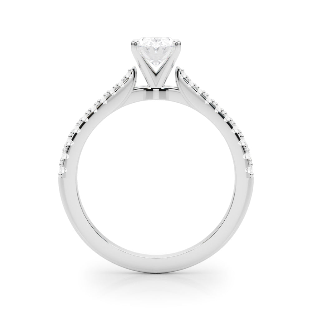White gold Oval Cut Solitaire Diamond Engagement Ring with Pave Band and Four-Prong Setting