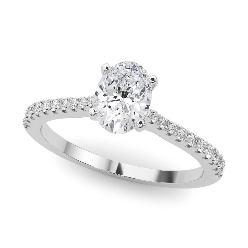 Platinum Oval Cut Solitaire Diamond Engagement Ring with Pave Band and Four-Prong Setting
