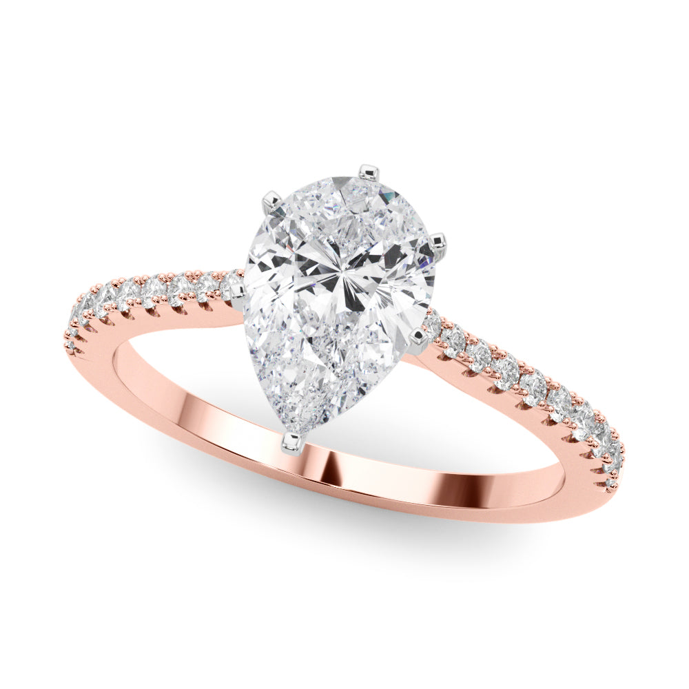 Rose gold Pear Cut Solitaire Diamond Engagement Ring with Pave Band and Four-Prong Setting