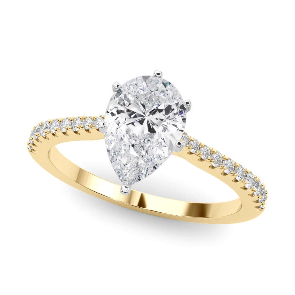 Yellow gold Pear Cut Solitaire Diamond Engagement Ring with Pave Band and Four-Prong Setting