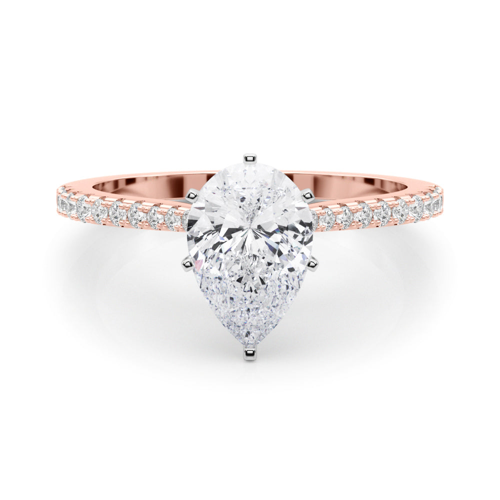Rose gold Pear Cut Solitaire Diamond Engagement Ring with Pave Band and Four-Prong Setting