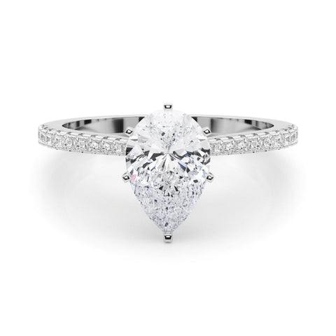 Platinum Pear Cut Solitaire Diamond Engagement Ring with Pave Band and Four-Prong Setting