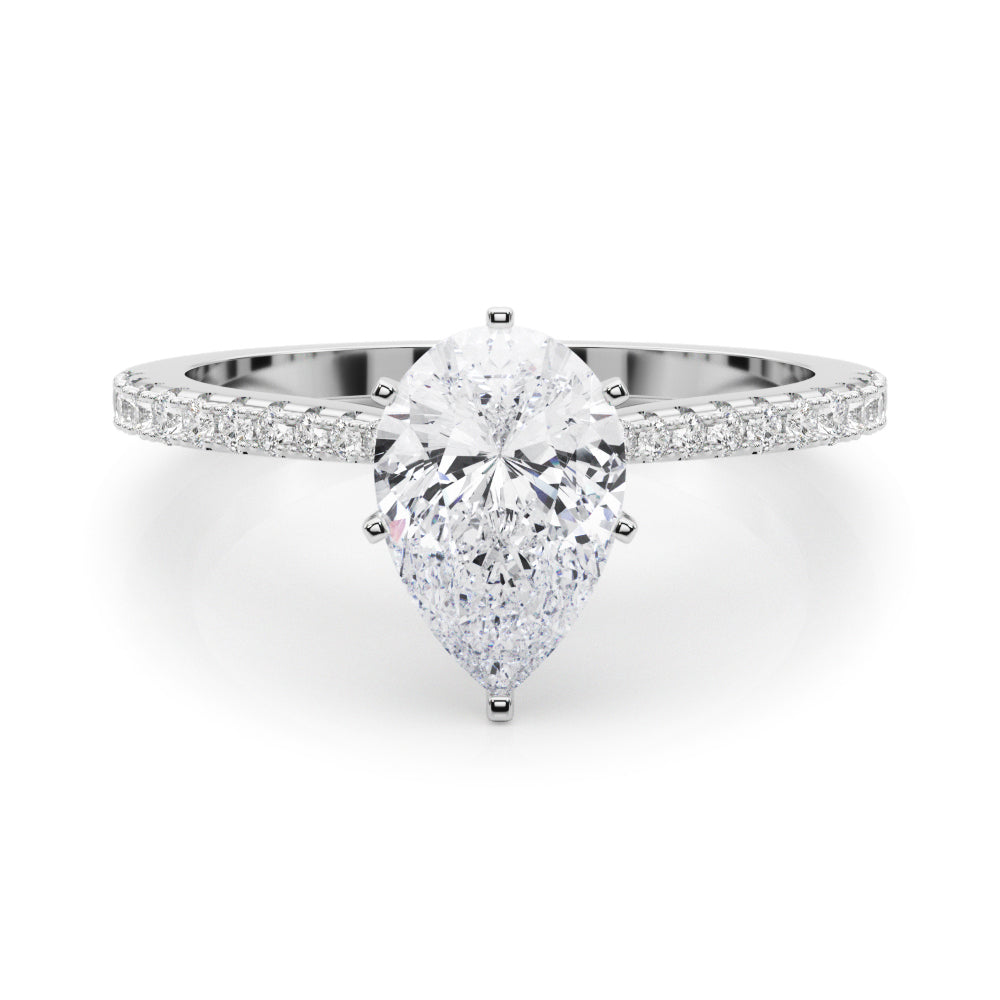 White gold Pear Cut Solitaire Diamond Engagement Ring with Pave Band and Four-Prong Setting