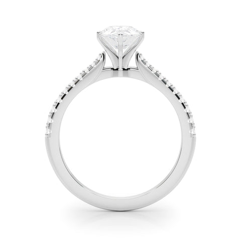 Platinum Pear Cut Solitaire Diamond Engagement Ring with Pave Band and Four-Prong Setting