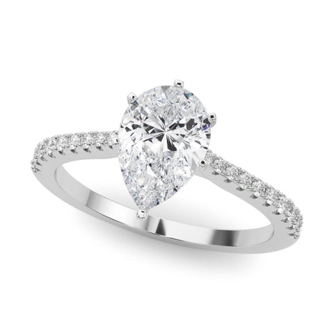 Platinum Pear Cut Solitaire Diamond Engagement Ring with Pave Band and Four-Prong Setting