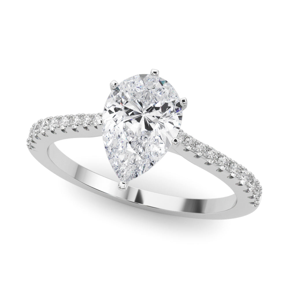 White gold Pear Cut Solitaire Diamond Engagement Ring with Pave Band and Four-Prong Setting