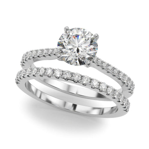 Platinum Round Cut Solitaire Diamond Engagement Ring with Pave Band and Four-Prong Setting