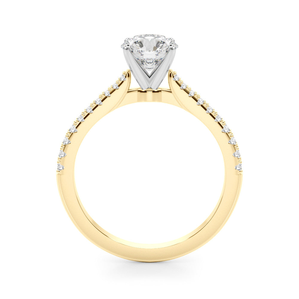 Yellow gold Round Cut Solitaire Diamond Engagement Ring with Pave Band and Four-Prong Setting