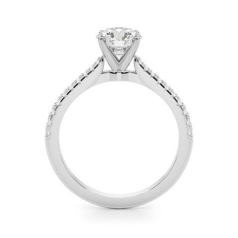 Platinum Round Cut Solitaire Diamond Engagement Ring with Pave Band and Four-Prong Setting