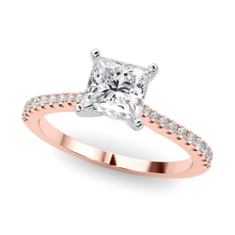 Rose gold Princess Cut Solitaire Diamond Engagement Ring with Pave Band and Four-Prong Setting