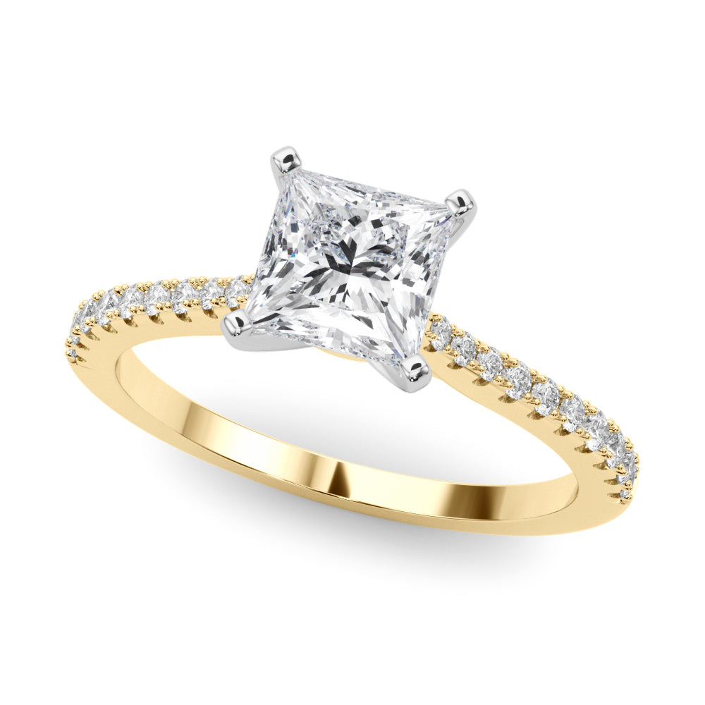 Yellow gold Princess Cut Solitaire Diamond Engagement Ring with Pave Band and Four-Prong Setting