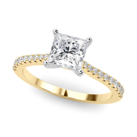 Yellow gold Princess Cut Solitaire Diamond Engagement Ring with Pave Band and Four-Prong Setting
