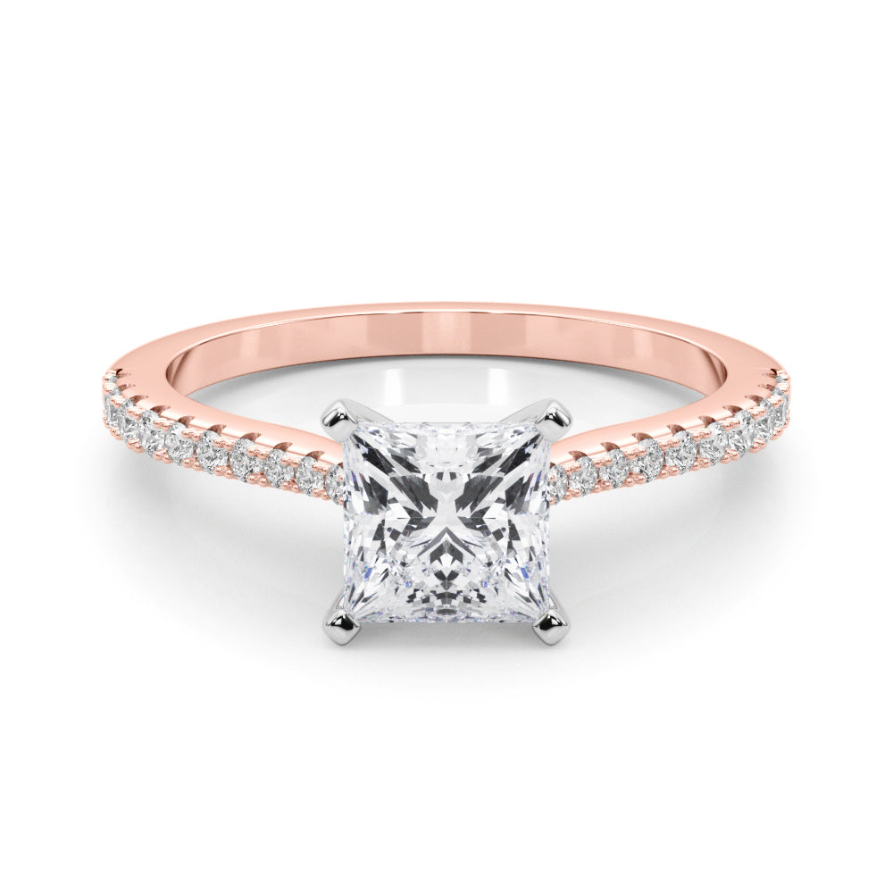 Rose gold Princess Cut Solitaire Diamond Engagement Ring with Pave Band and Four-Prong Setting