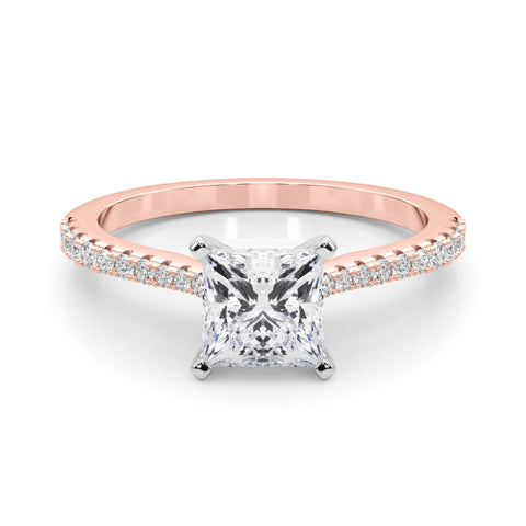 Rose gold Princess Cut Solitaire Diamond Engagement Ring with Pave Band and Four-Prong Setting