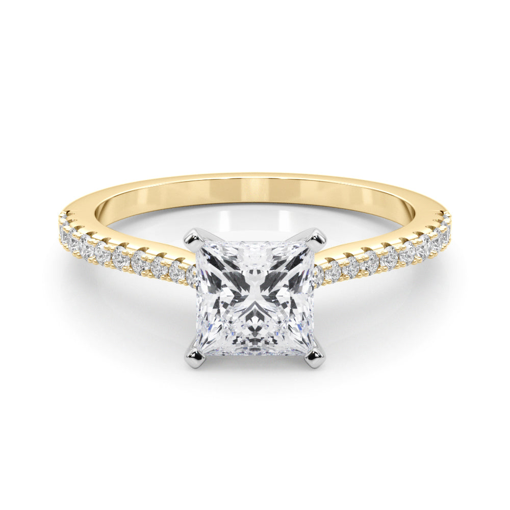 Yellow gold Princess Cut Solitaire Diamond Engagement Ring with Pave Band and Four-Prong Setting