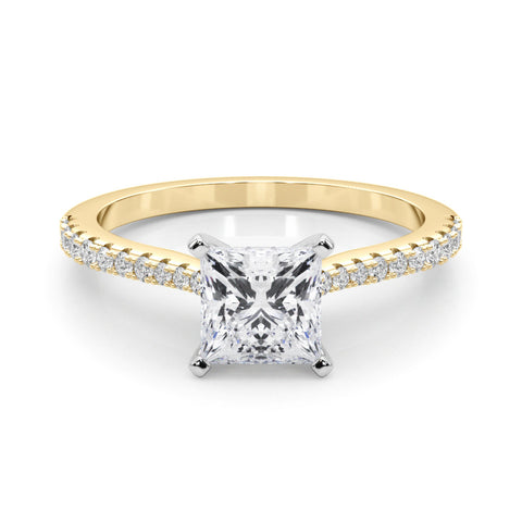 Yellow gold Princess Cut Solitaire Diamond Engagement Ring with Pave Band and Four-Prong Setting