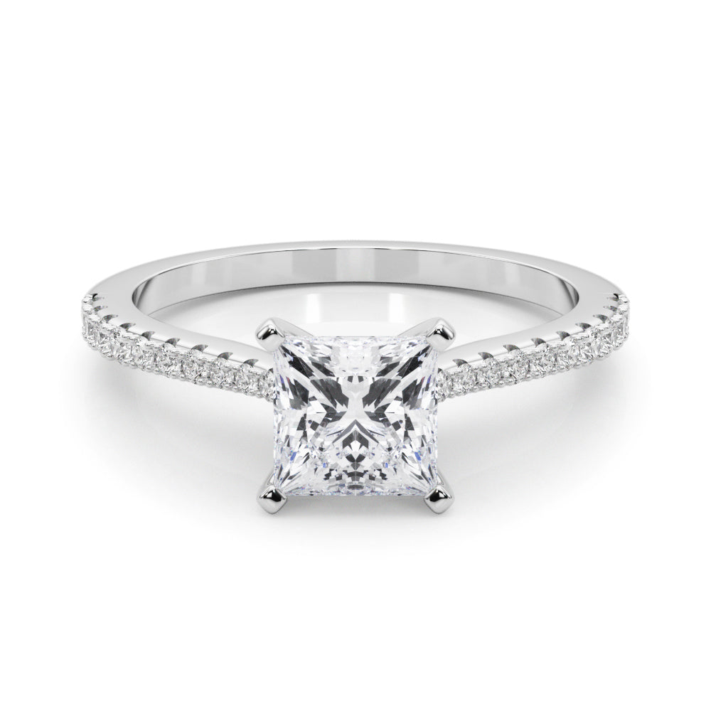White gold Princess Cut Solitaire Diamond Engagement Ring with Pave Band and Four-Prong Setting