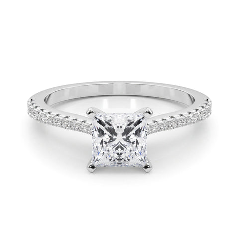 Platinum Princess Cut Solitaire Diamond Engagement Ring with Pave Band and Four-Prong Setting