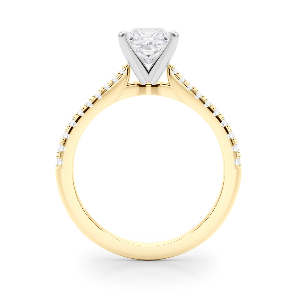 Yellow gold Princess Cut Solitaire Diamond Engagement Ring with Pave Band and Four-Prong Setting