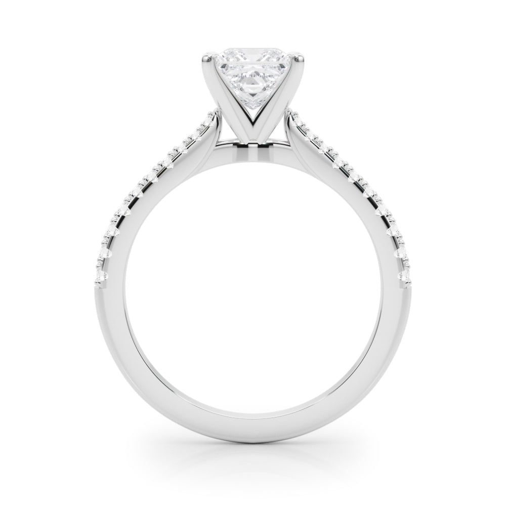 Platinum Princess Cut Solitaire Diamond Engagement Ring with Pave Band and Four-Prong Setting