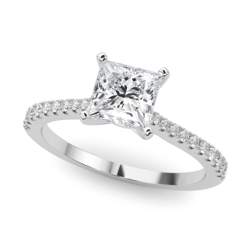 Platinum Princess Cut Solitaire Diamond Engagement Ring with Pave Band and Four-Prong Setting