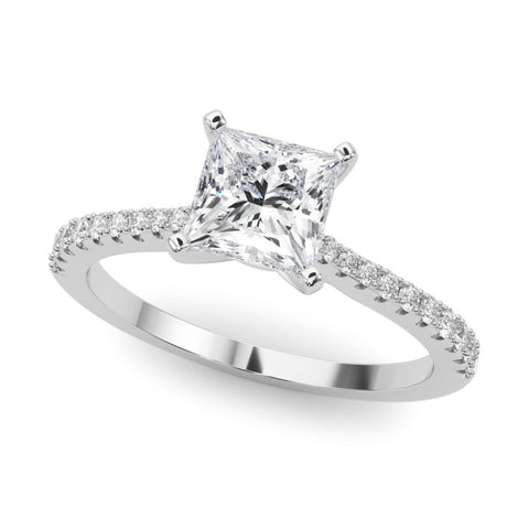 White gold Princess Cut Solitaire Diamond Engagement Ring with Pave Band and Four-Prong Setting