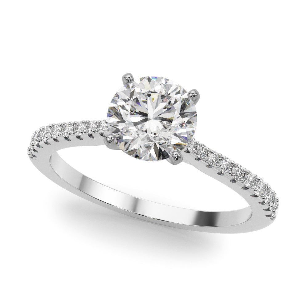 White gold Round Cut Solitaire Diamond Engagement Ring with Pave Band and Four-Prong Setting