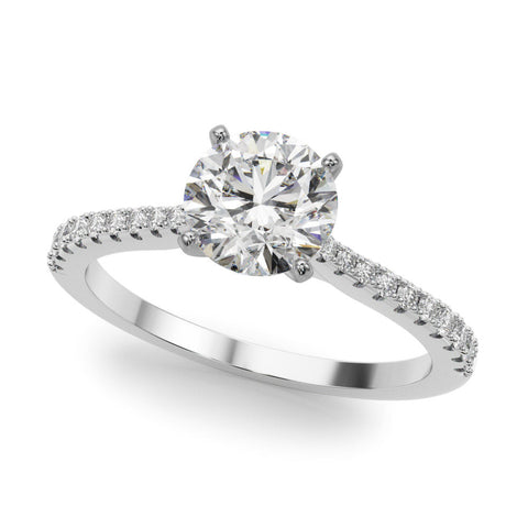 Platinum Round Cut Solitaire Diamond Engagement Ring with Pave Band and Four-Prong Setting