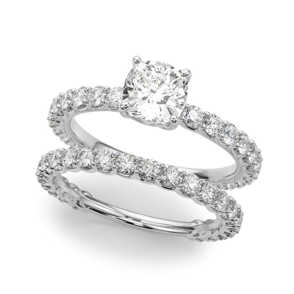 Platinum Cushion Cut Diamond Pavé Band Solitaire with Four-Prong Setting