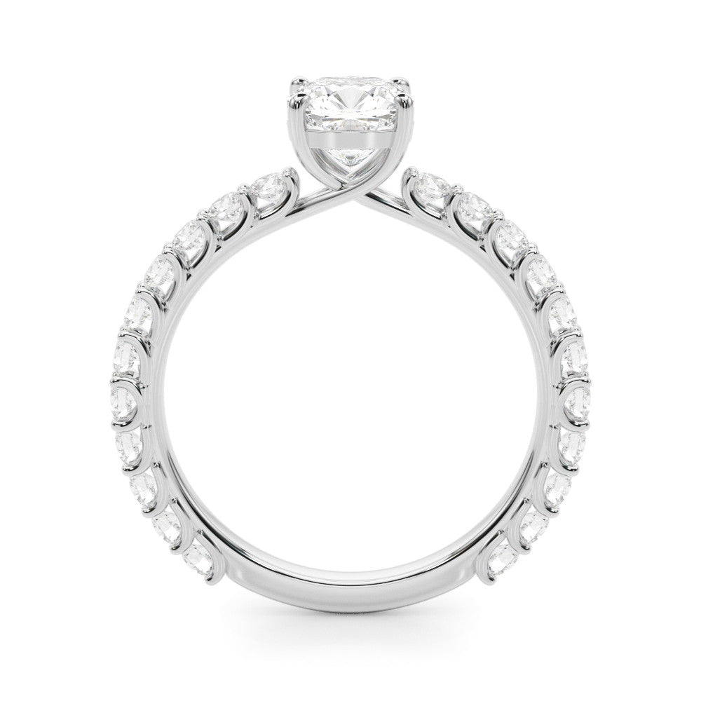 Platinum Cushion Cut Diamond Pavé Band Solitaire with Four-Prong Setting