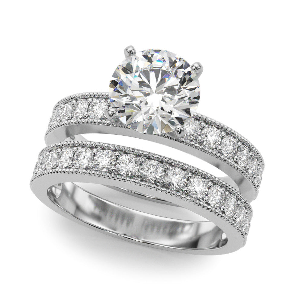 Silver Heart Milgrain Pave Diamond Engagement Ring with Four-Prong Setting