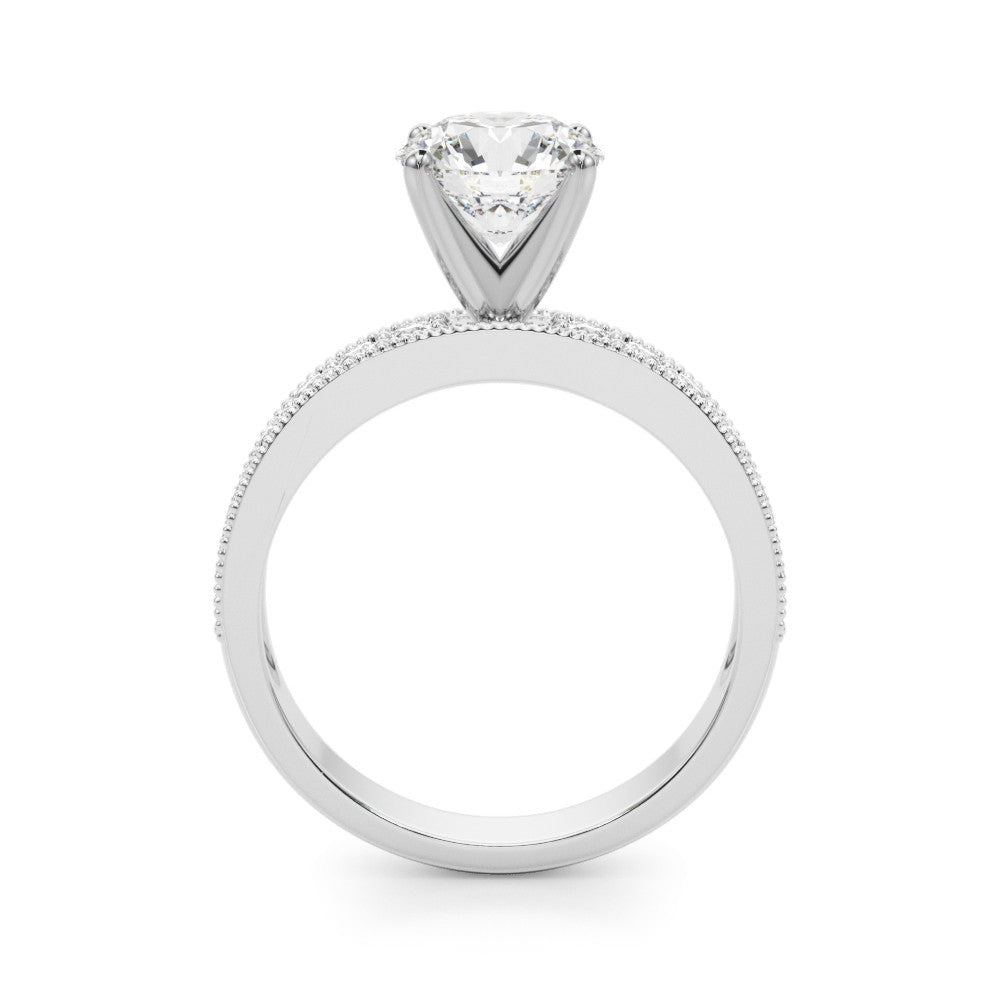 Silver Heart Milgrain Pave Diamond Engagement Ring with Four-Prong Setting