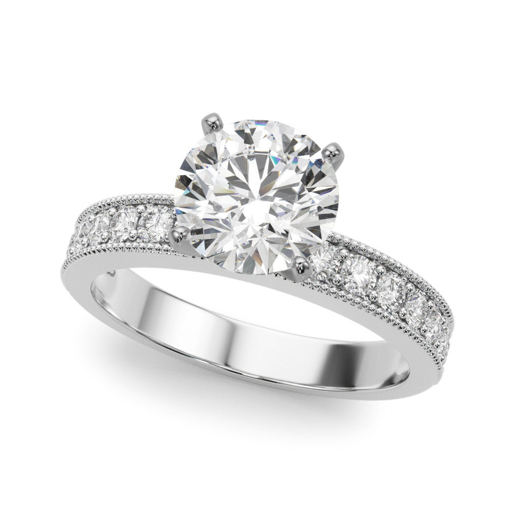 Silver Heart Milgrain Pave Diamond Engagement Ring with Four-Prong Setting