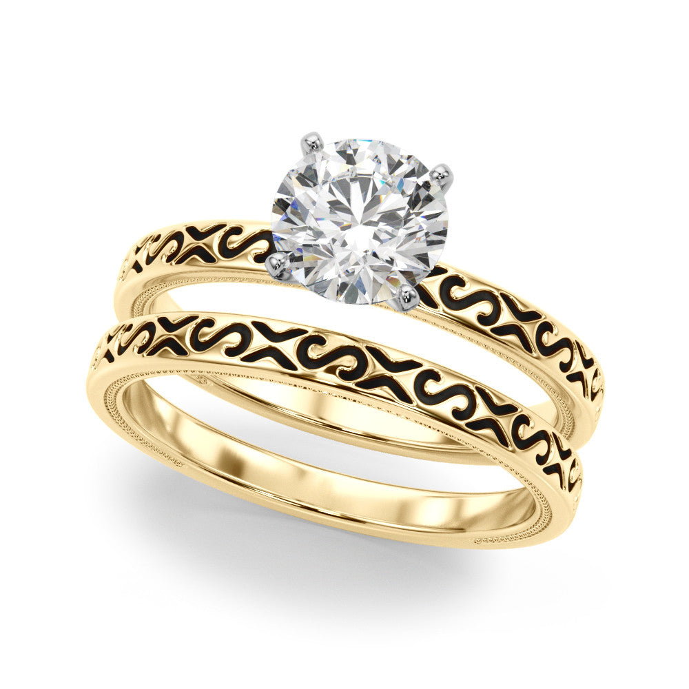 Yellow gold Heart Solitaire Engagement Ring with Scrollwork Band and Four-Prong Setting