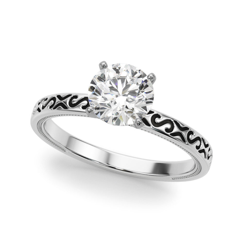 Silver Heart Solitaire Engagement Ring with Scrollwork Band and Four-Prong Setting